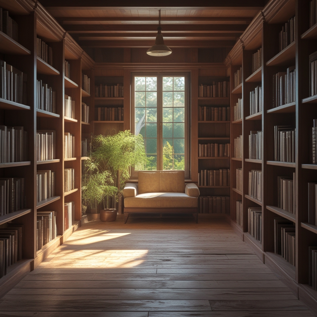 Ruhiger Bibliotheksraum mit warmer Holzatmosphäre, Bücher auf Regalen, ein Lesesessel mit Tageslicht von einem seitlichen Fenster, einladende Lern- und Reflexionsatmosphäre
