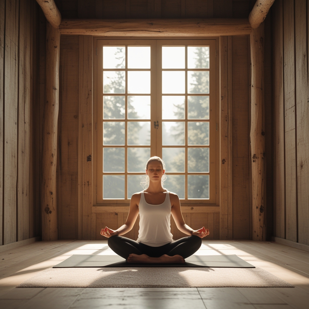 Ruhige Yoga-Praxis in einem hellen Holzraum mit großen Fenstern, eine Person in meditativer Haltung auf einer Matte, weiches Morgenlicht fällt schräg durch die Scheiben