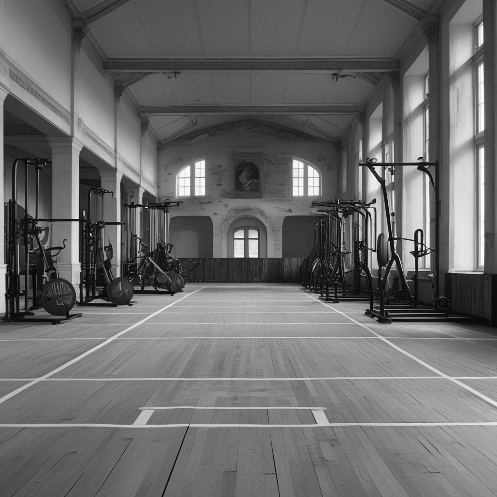 Klassischer Turnplatz aus dem 19. Jahrhundert mit hölzernen Geräten in einer großen Halle, historische Schwarzweißfotografie Atmosphäre, Parkettboden und hohe Fenster