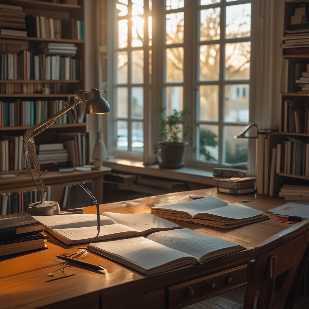 Aufgeräumter Schreibtisch aus hellem Holz mit aufgeschlagenen Büchern, handgeschriebenen Notizen und einem Stift, sachliche Studienatmosphäre mit warmem Tageslicht aus einem seitlichen Fenster