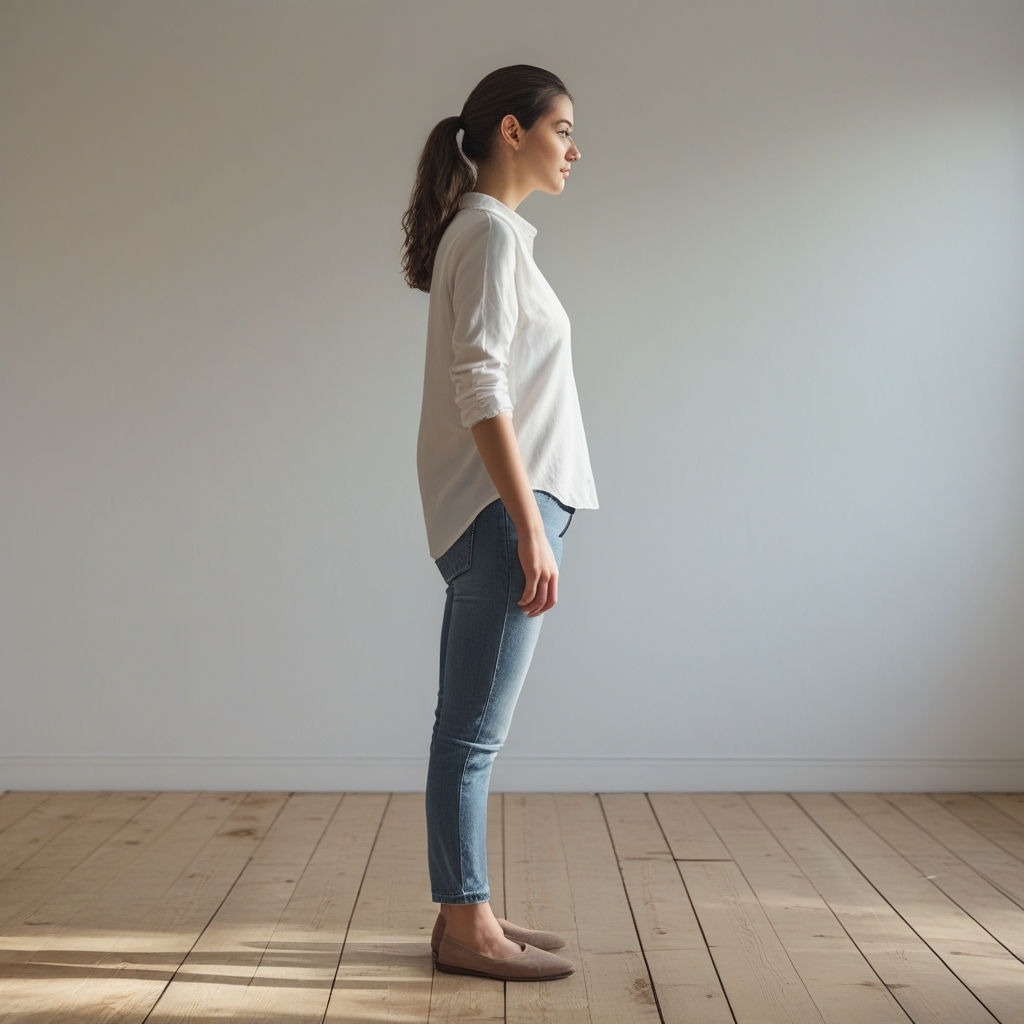 Seitenansicht einer Person, die in aufrechter, ausgewogener Haltung auf einem Holzboden steht, ruhige neutrale Umgebung mit weichem natürlichem Licht, das die Körperlinie betont