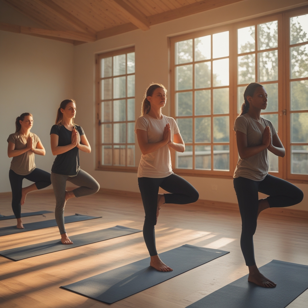 Gruppe von Personen in einer ruhigen Yoga-Stunde in einem hellen Studio mit Holzboden und großen Fenstern, alle in einer sanften Vorwärtsbeuge, warmes Tageslicht durchflutet den Raum